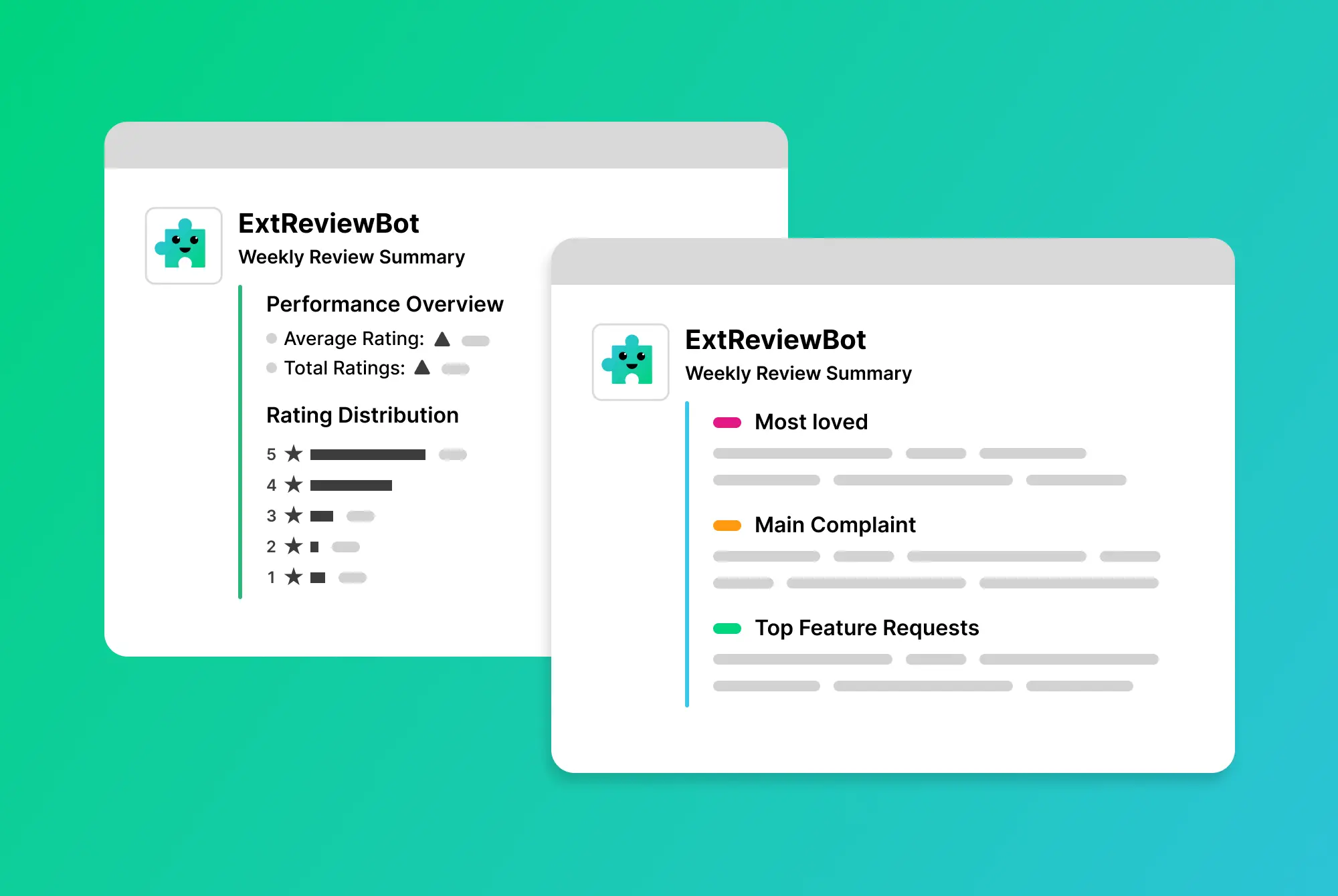 ExtReviewBot's review summary showing performance overview, rating distribution, and smart analysis of most loved features, main complaints, and top feature requests for browser extensions