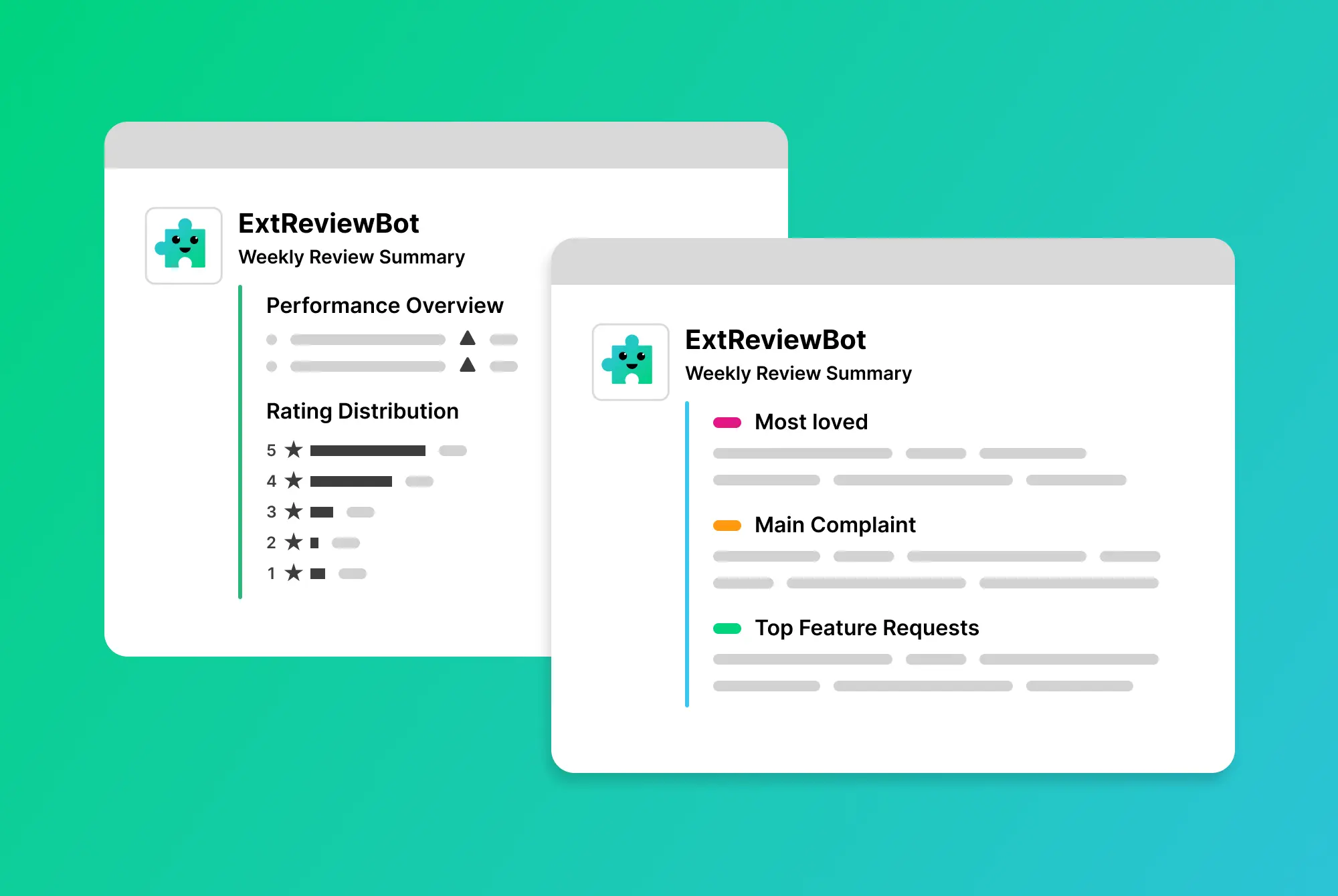 ExtReviewBot's AI-powered review summary showing performance overview, rating distribution, and smart analysis of most loved features, main complaints, and top feature requests for browser extensions